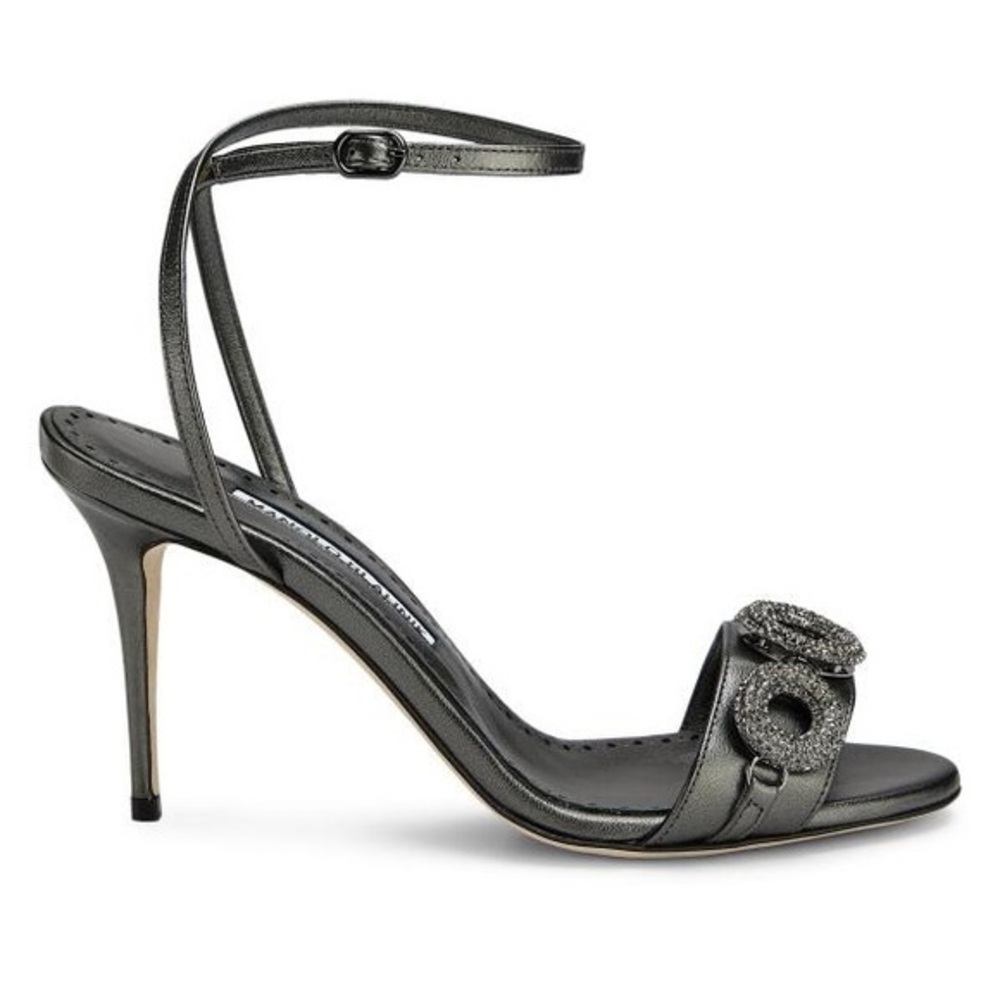 Manolo Blahnik Alvisa Crystal-Embellished Metallic Leather Sandals Size 37